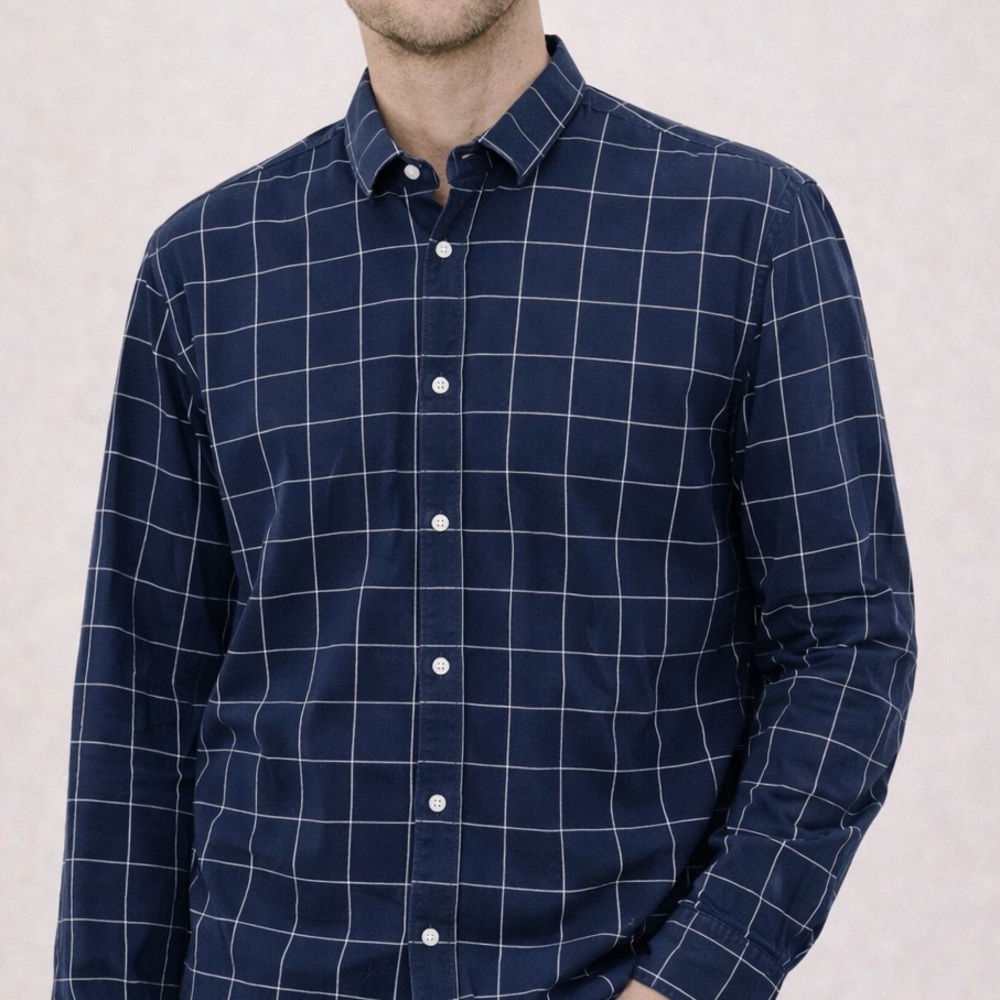 Scotch & Soda Blue Navy Graph Checkered Cotton Collared Button Down Large